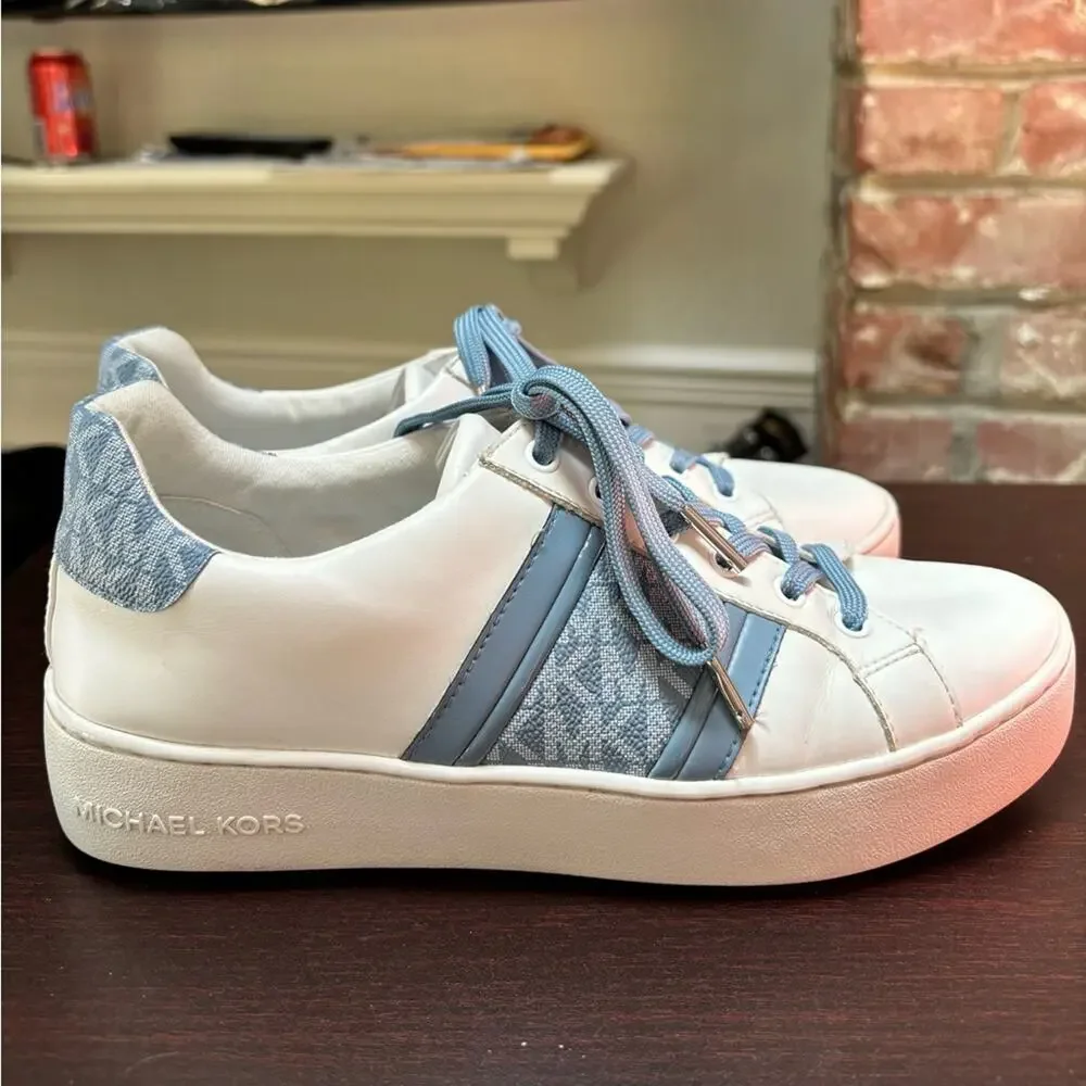 Michael Kors Poppy Logo Stripe Lace‎ Up Sneakers Women’s 8.5 White Blue